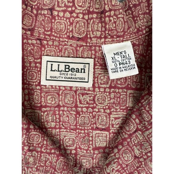 LL Bean Mens Aztec Mayan Cotton Short Sleeve Button-Down Shirt XL Tall XLT Red - Picture 4 of 9